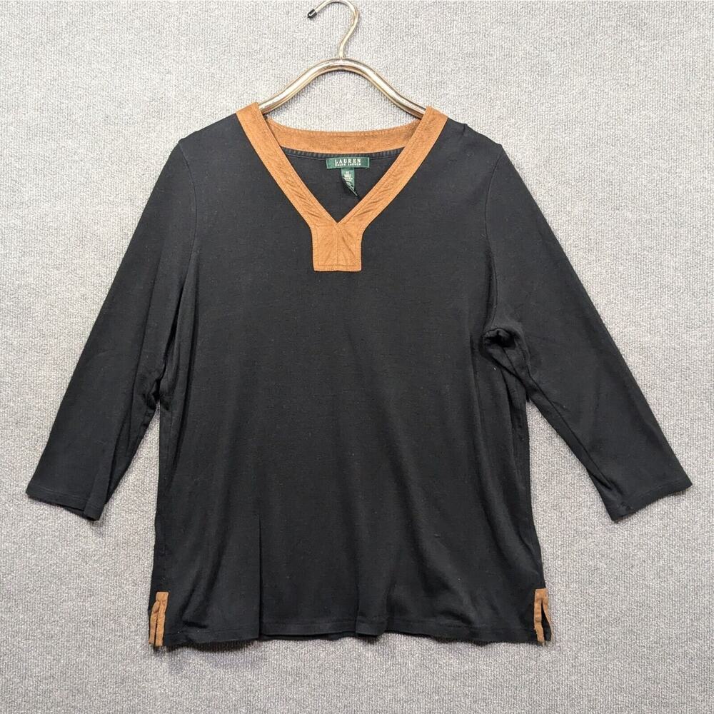 LRL Ralph Lauren Top Womens 1X Black V-Neck 3/4 Sleeve Faux Suede Trim Shirt